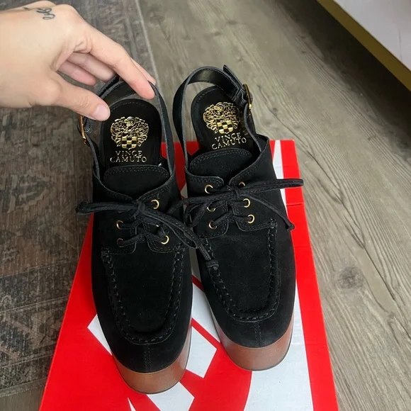 NWOT Vince Camuto Inerta Leather High Heel Platform Slingback Black Clog - Picture 2 of 7